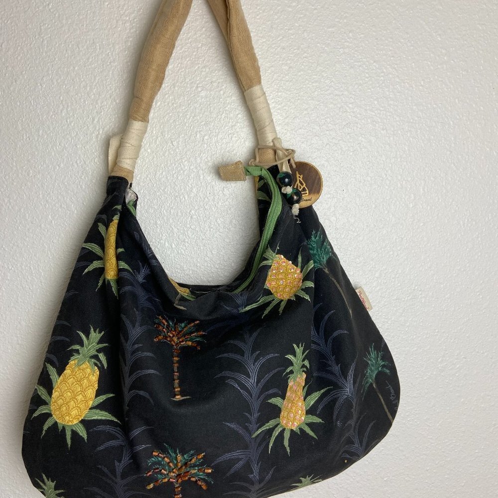 Vintage Paul Brent Embroidered Canvas Zip Shoulder Tote bag Palms Pineapples
